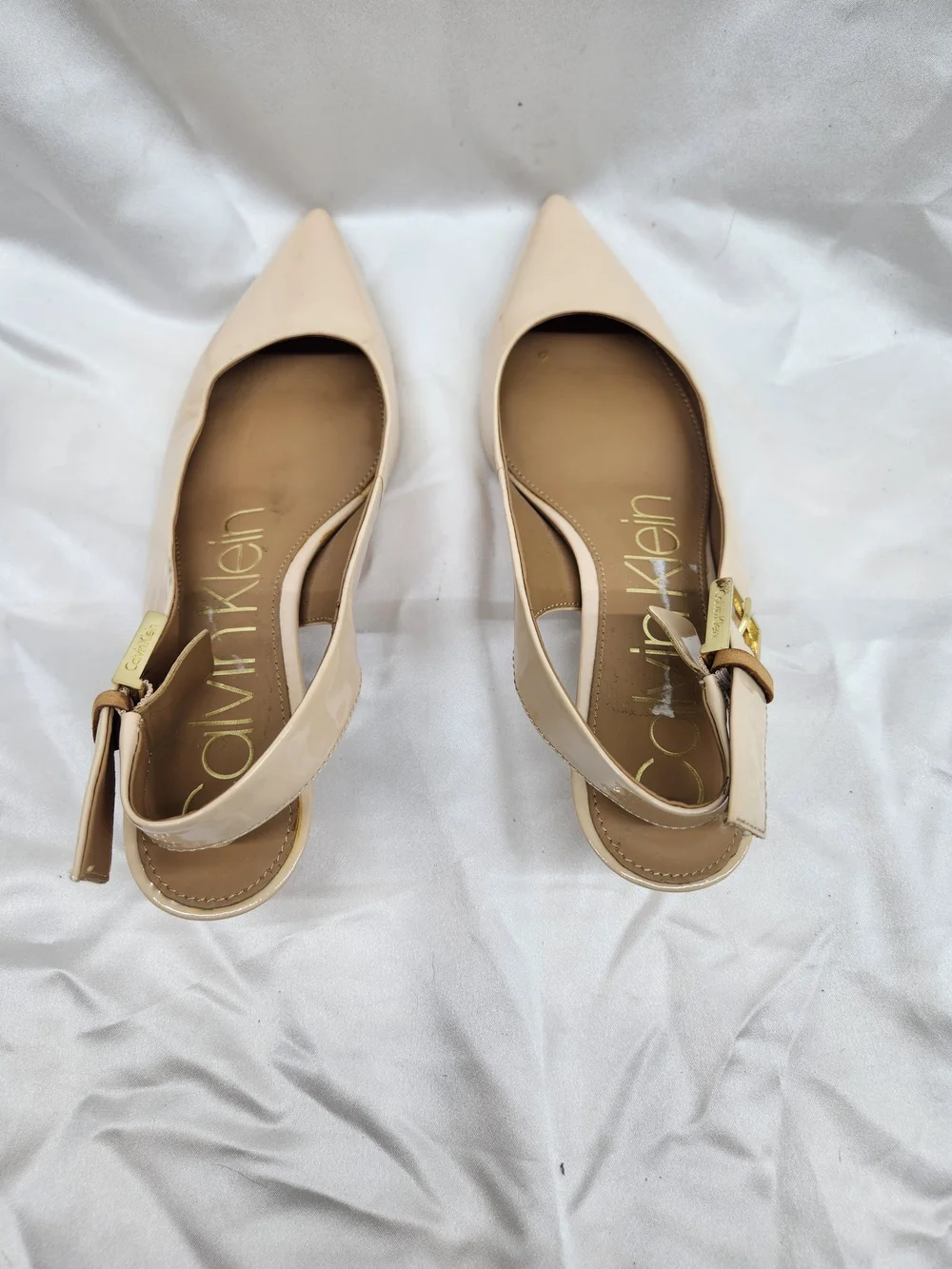 Calvin Klein Beige Patent Pointed Slingback Flats